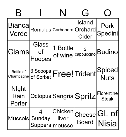 Dinner Bingo Card