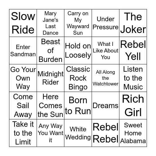 Classic Rock Bingo Card