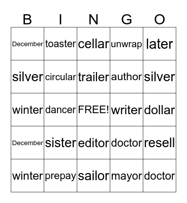 Spelling Bingo Card