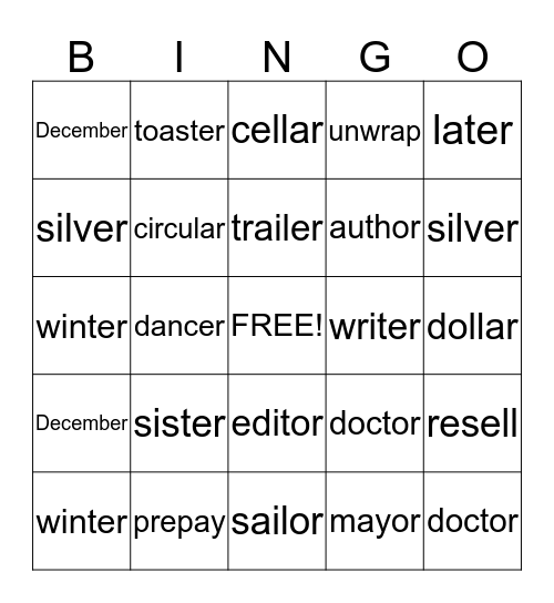 Spelling Bingo Card