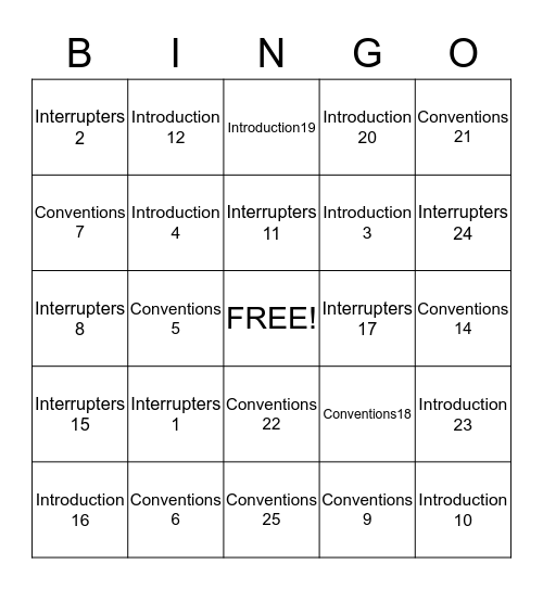 Comma II Bingo Card