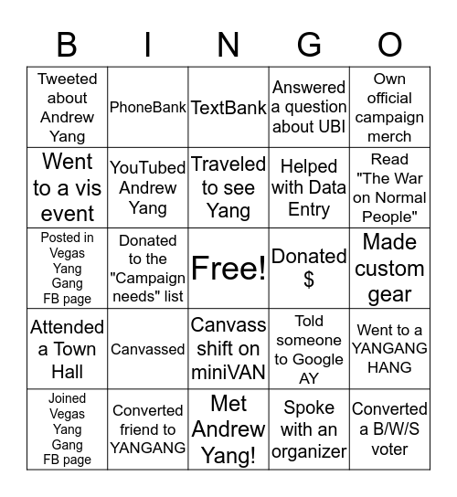 Volunteer Bingo Card