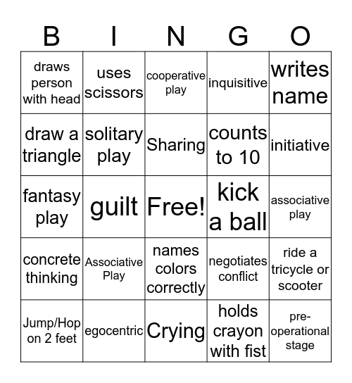 Pre School BINGO Card