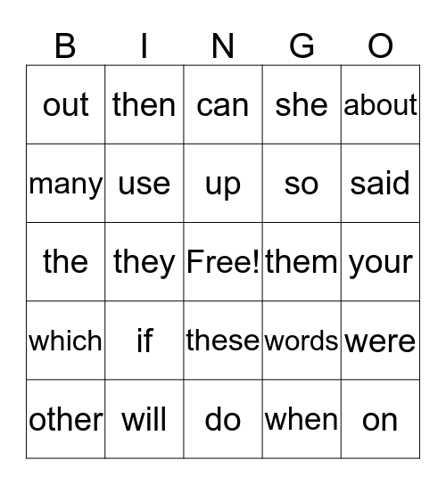 Sight Word Bingo Card