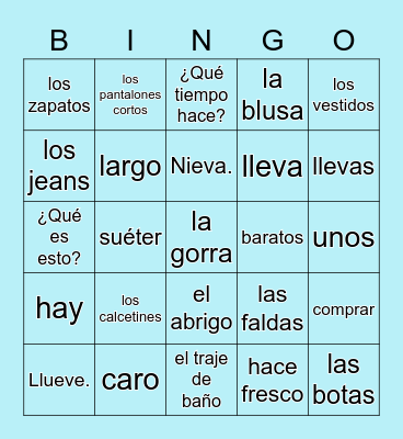 Español 1, Unidad 4 - la ropa Bingo Card