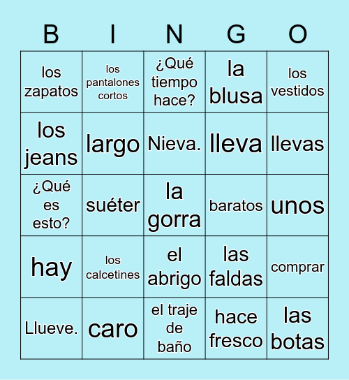 Español 1, Unidad 4 - la ropa Bingo Card