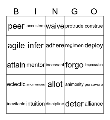 Vocabulary List 2 Bingo Card