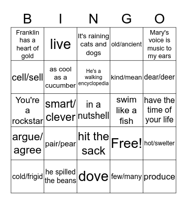 Language Structures Bingo Card