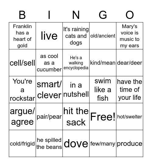 Language Structures Bingo Card