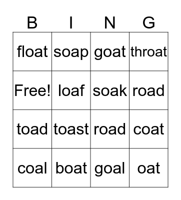 OA Vowel Bingo Card