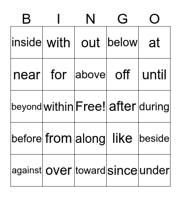 Prepositions Bingo Card