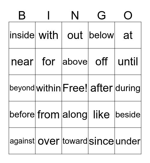Prepositions Bingo Card