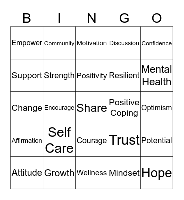 Positive Mental Health Bingo Card