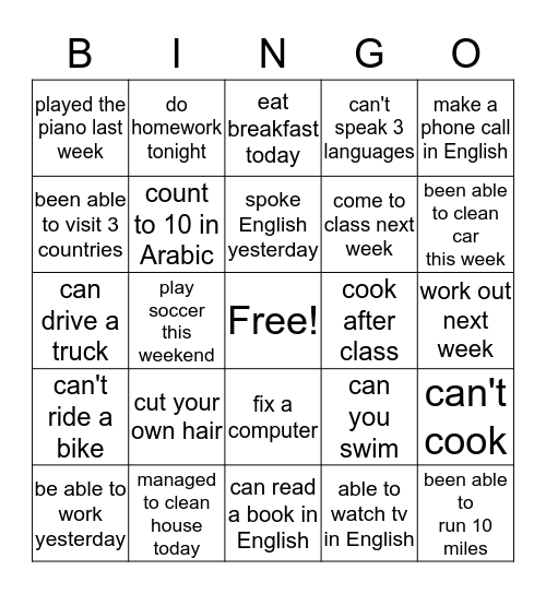 Be able to  Bingo Card