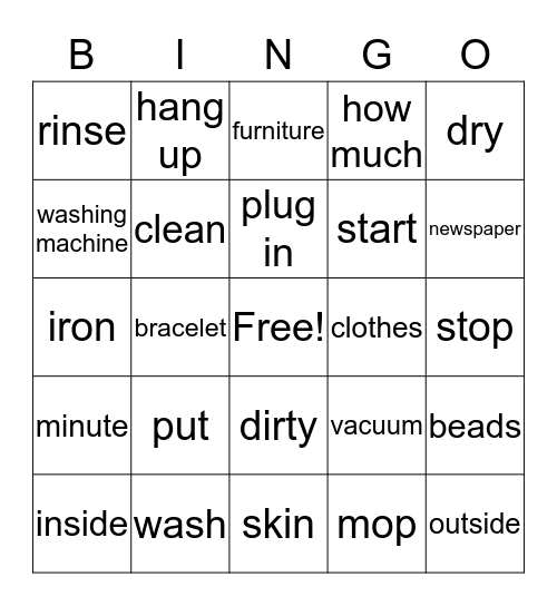 Week 5 Housekeeping Vocab Bingo Card