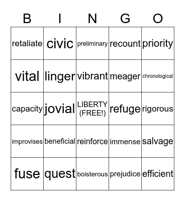 6th Grade Words Bingo Card
