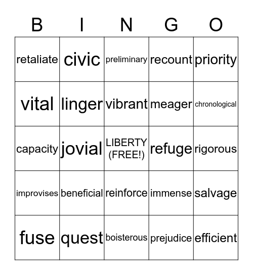 6th Grade Words Bingo Card