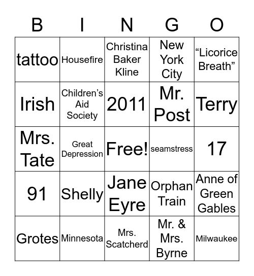 Orphan Train Bingo Card