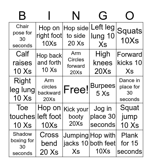 Fitness BINGO Card