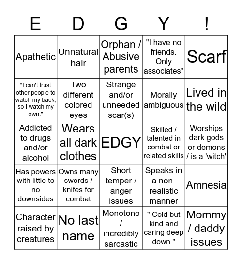 Edgy Character Bingo V3 Bingo Card