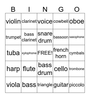 Music instrument bingo Card