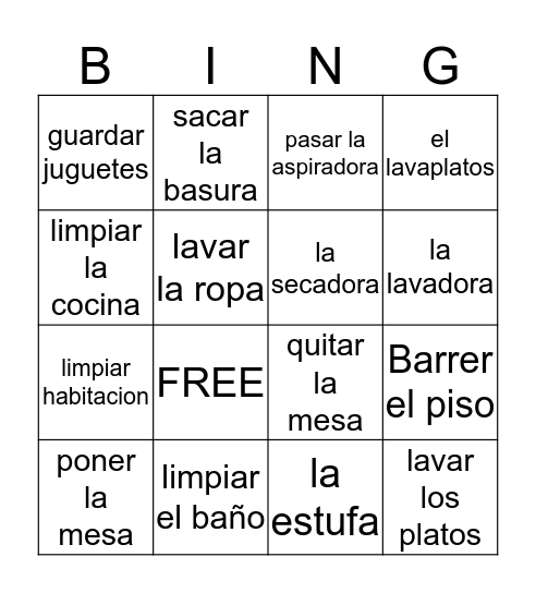 Los Quehaceres domésticos Bingo Card