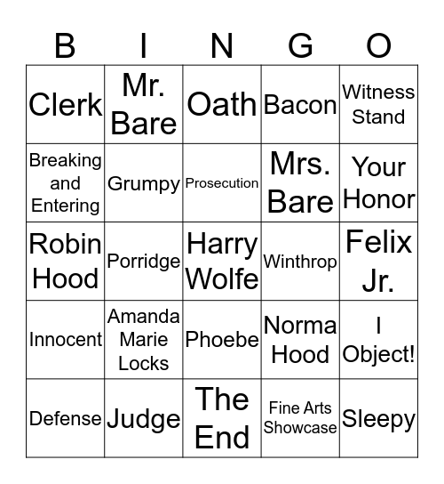 Goldilocks on Trial Bingo Card