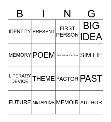 Year 7 Poetry Bingo Card
