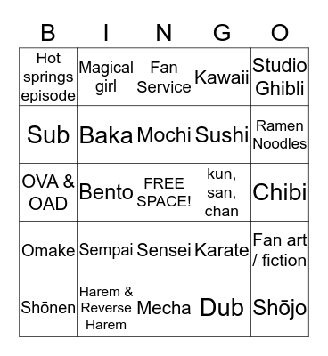 Anime / Manga Village Ice Breaker Bingo Card