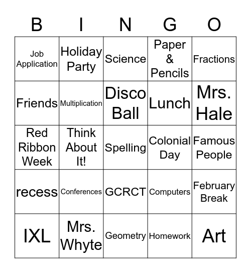 Third Grade Bingo Card
