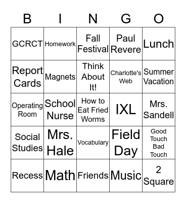 Third Grade Bingo Card