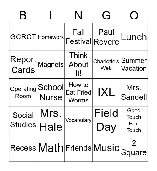 Third Grade Bingo Card