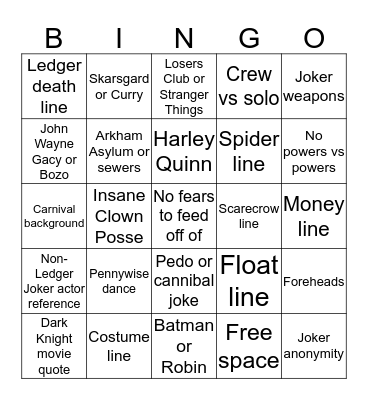 Joker vs Pennywise Bingo Card