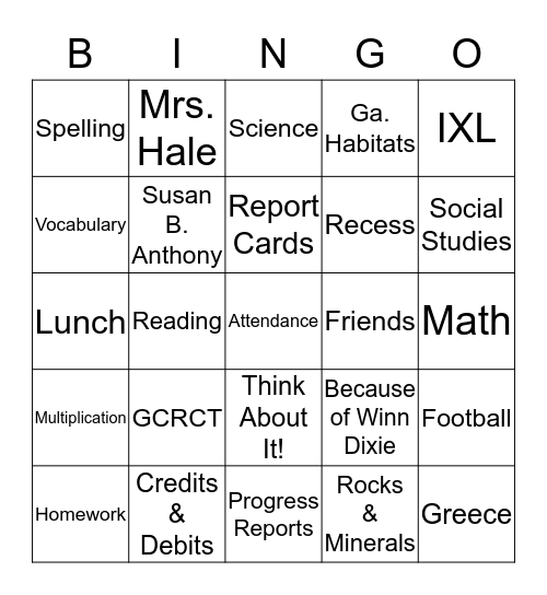 Third Grade Bingo Card