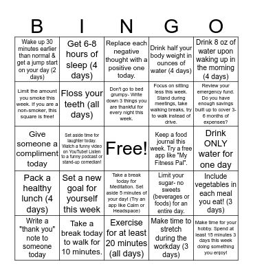 Fall Into Healthy Habits - Week 4 Bingo Card