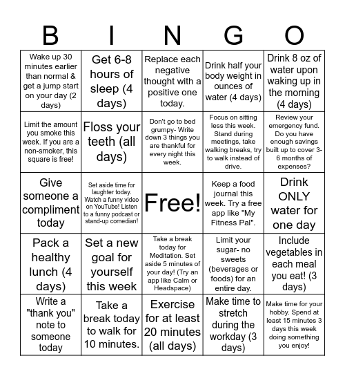 Fall Into Healthy Habits - Week 4 Bingo Card