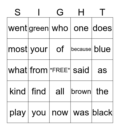 Sight Word Bingo Card