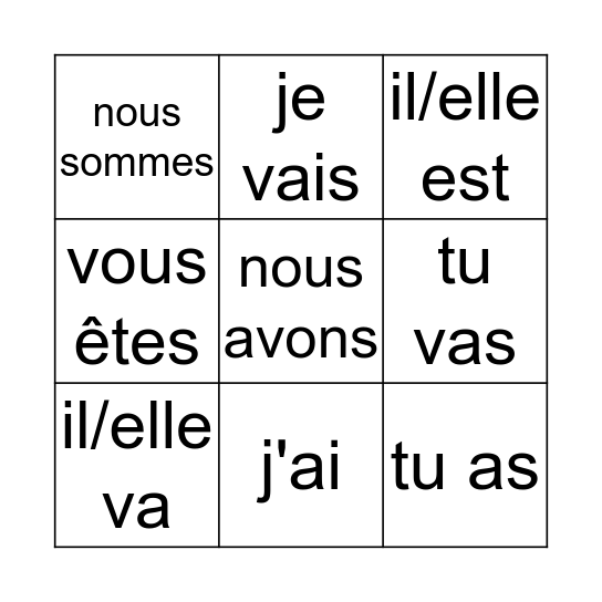 être, avoir, aller Bingo Card