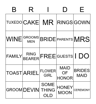 Bridal Bingo Card