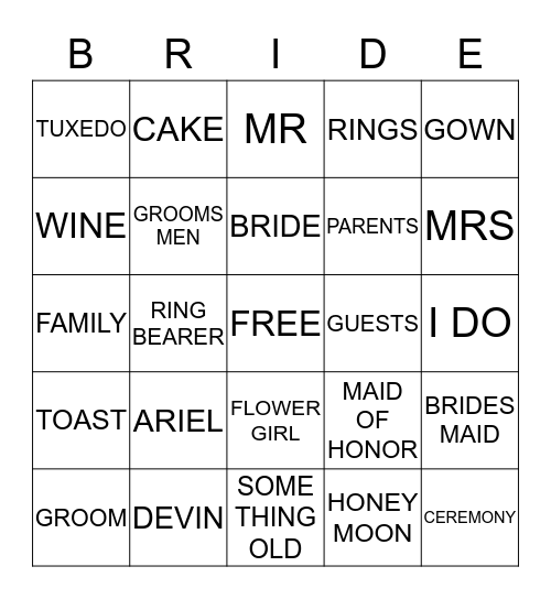 Bridal Bingo Card