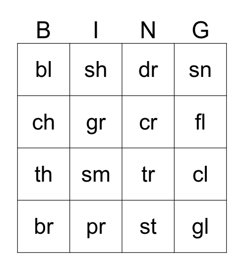 Beginning Consonant Clusters  Bingo Card