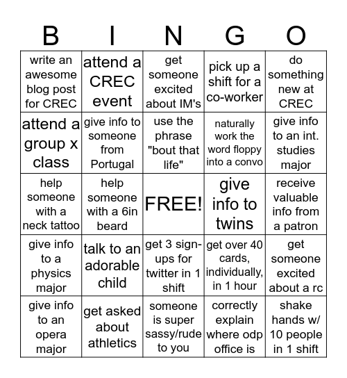 Outreach Bingo Card