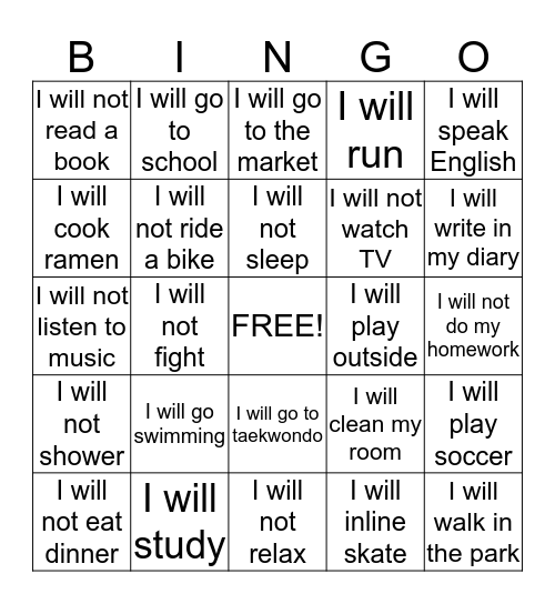 Will/Will not Bingo Card