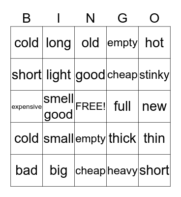 Describing Things Bingo Card