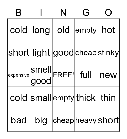 Describing Things Bingo Card