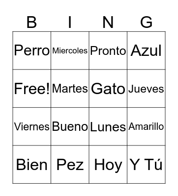 Spanish 1 Bingo Card