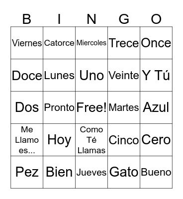 Spanish 1 Bingo Card