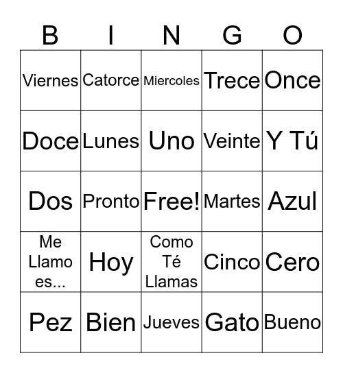 Spanish 1 Bingo Card