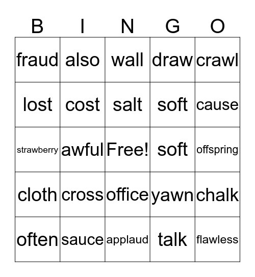 au, aw, al, o words Bingo Card