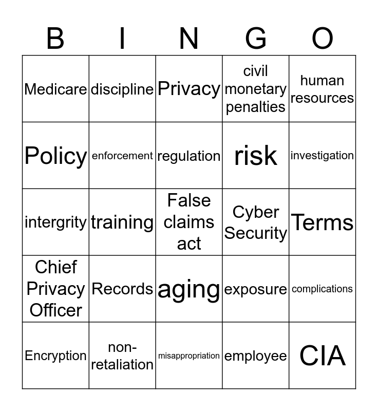 Compliance Bingo Card